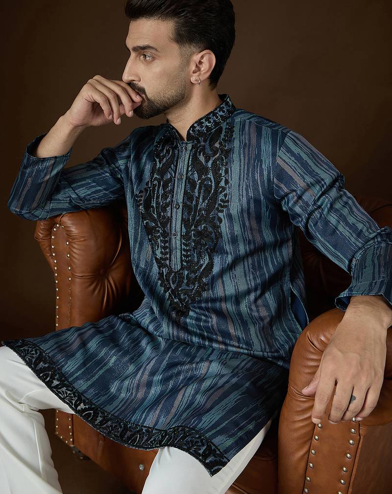 Men’s blue linen kurta with abstract beads and stones embroidered | trendy ethnic wear for festive, wedding & party