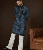 Men’s blue linen kurta with abstract beads and stones embroidered | trendy ethnic wear for festive, wedding & party