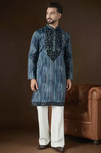 Men’s blue linen kurta with abstract beads and stones embroidered | trendy ethnic wear for festive, wedding & party