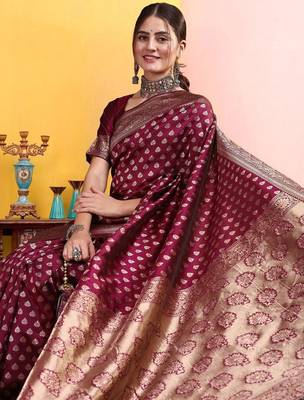 Maroon woven design banarasi sarees with matching blouse 1