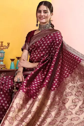 Maroon woven design banarasi sarees with matching blouse