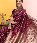 Maroon woven design banarasi sarees with matching blouse