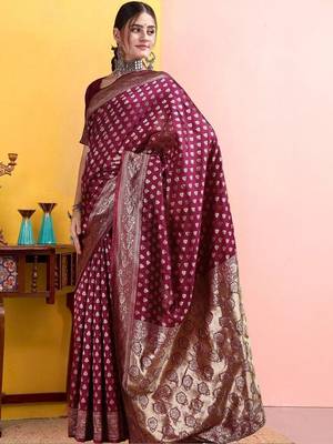 Maroon woven design banarasi sarees with matching blouse 2