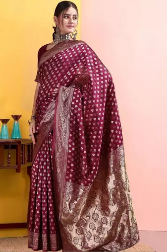 Maroon woven design banarasi sarees with matching blouse