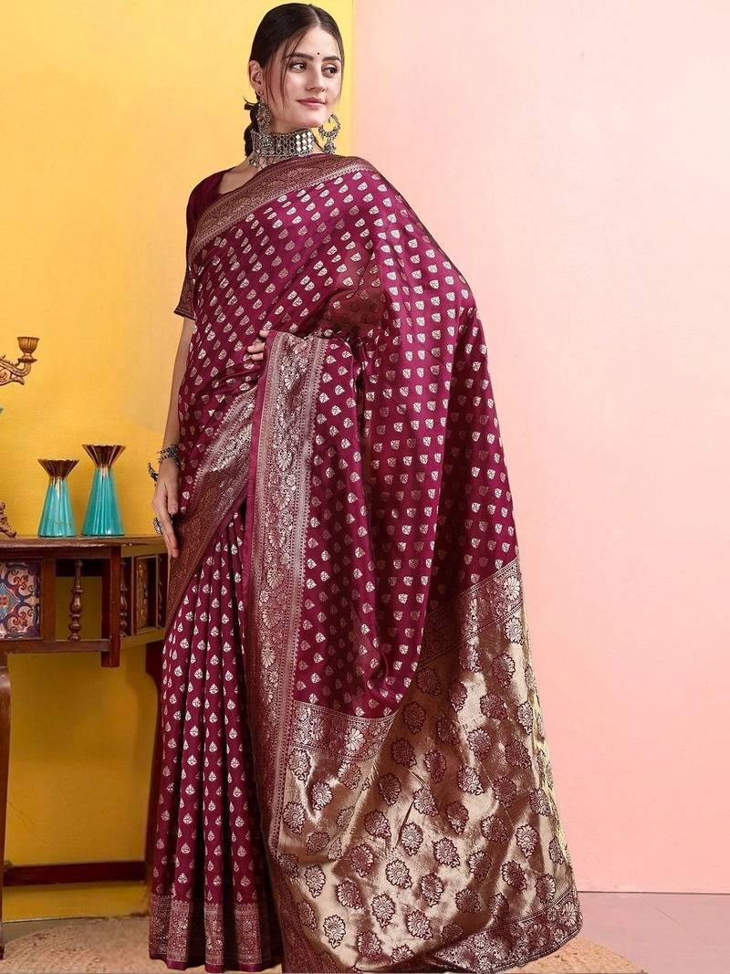 Maroon woven design banarasi sarees with matching blouse