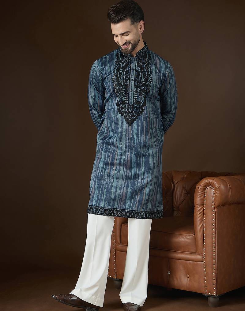 Men’s blue linen kurta with abstract beads and stones embroidered | trendy ethnic wear for festive, wedding & party