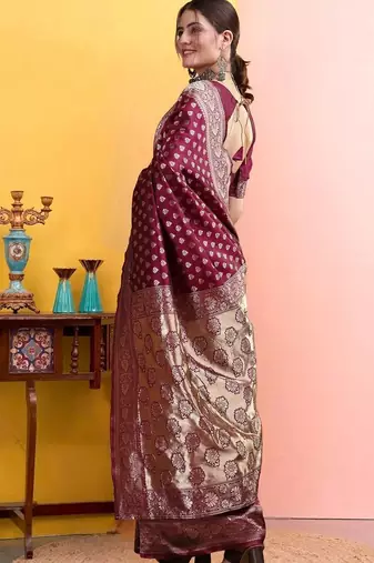 Maroon woven design banarasi sarees with matching blouse