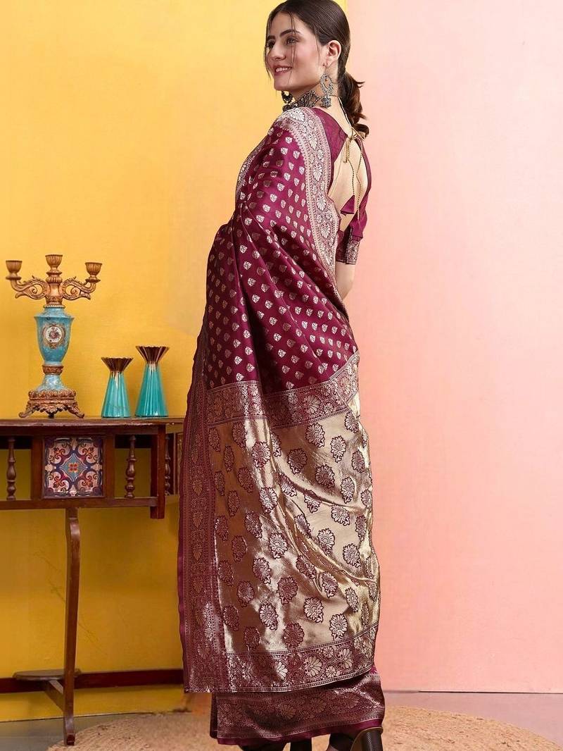 Maroon woven design banarasi sarees with matching blouse