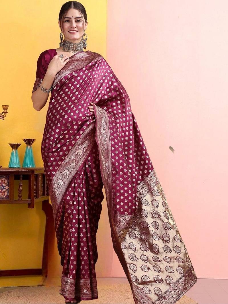 Maroon woven design banarasi sarees with matching blouse