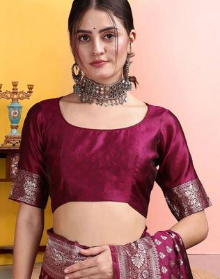 Maroon woven design banarasi sarees with matching blouse 5