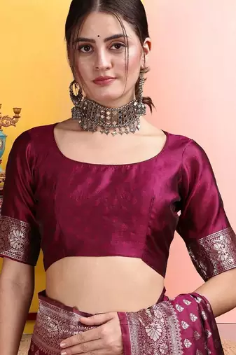 Maroon woven design banarasi sarees with matching blouse