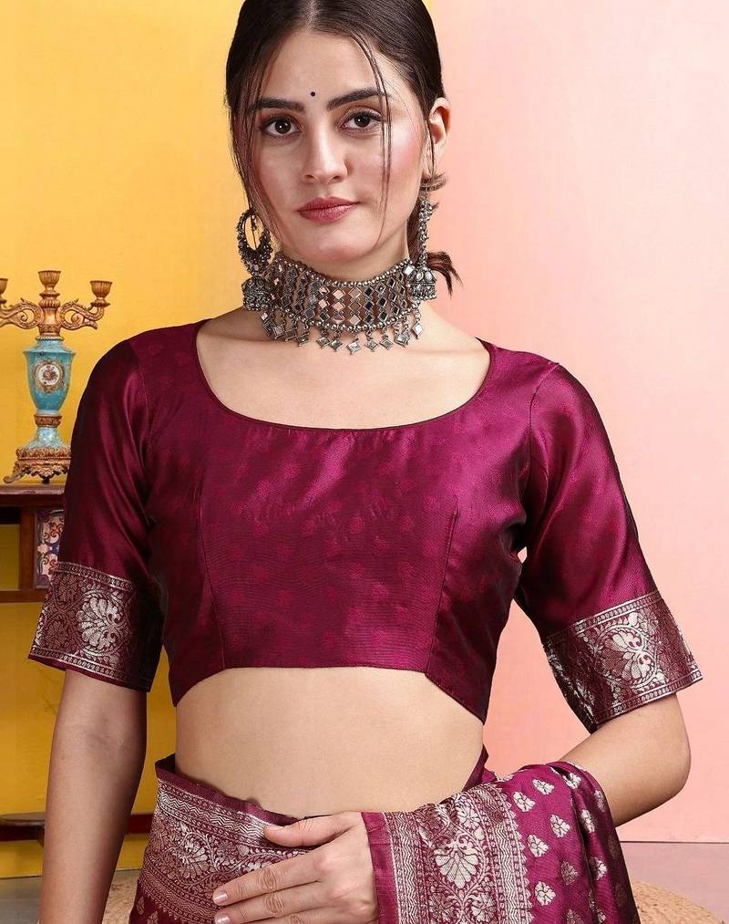 Maroon woven design banarasi sarees with matching blouse