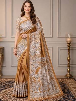 Mustard kalamkari silk blend fusion saree 1