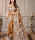 Mustard kalamkari silk blend fusion saree