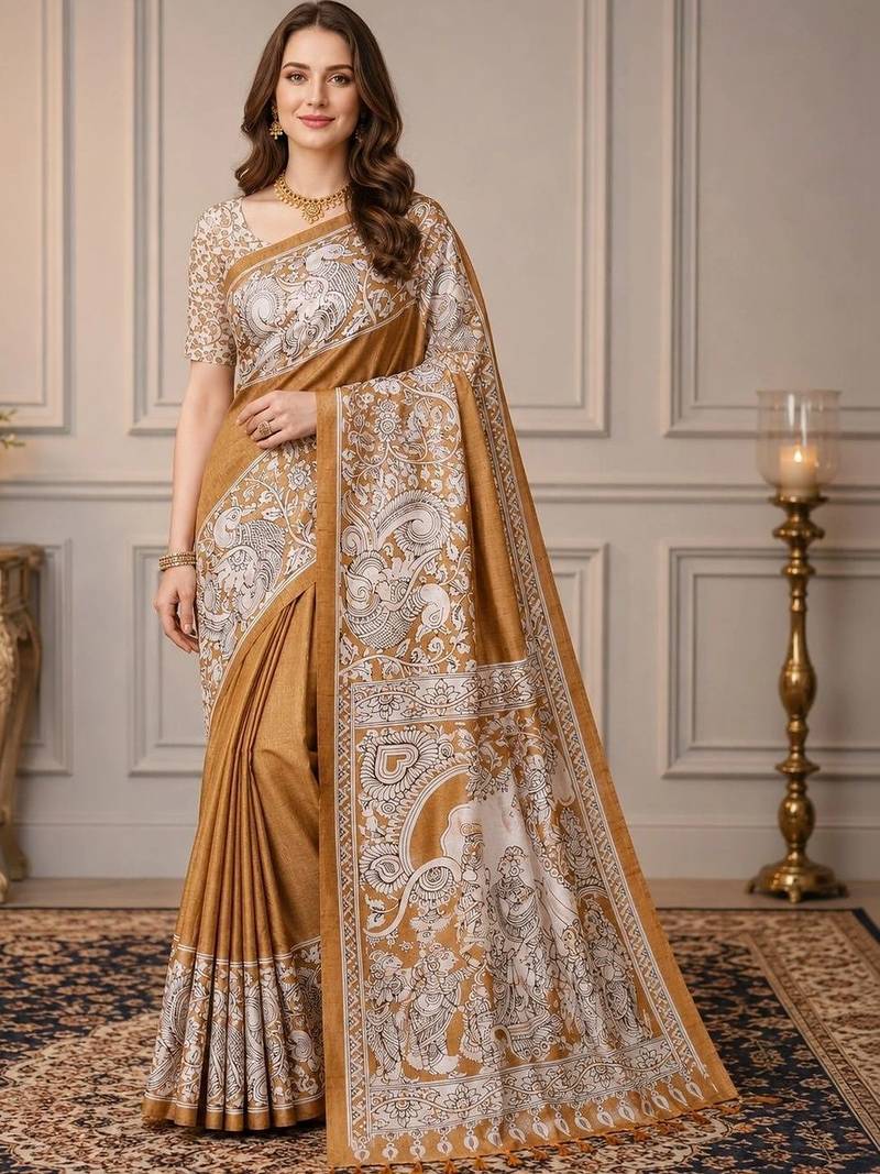 Mustard kalamkari silk blend fusion saree