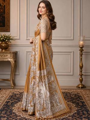 Mustard kalamkari silk blend fusion saree 2