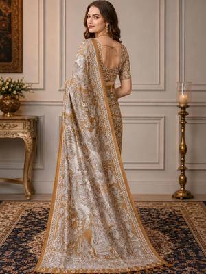 Mustard kalamkari silk blend fusion saree 3