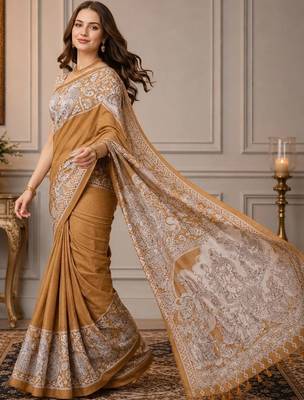 Mustard kalamkari silk blend fusion saree 4