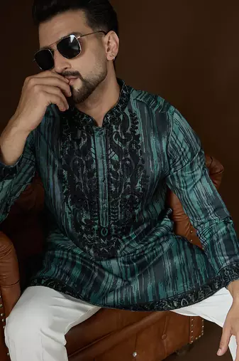 Men’s green linen kurta with striped beads and stones embroidered | trendy ethnic wear for festive, wedding & party