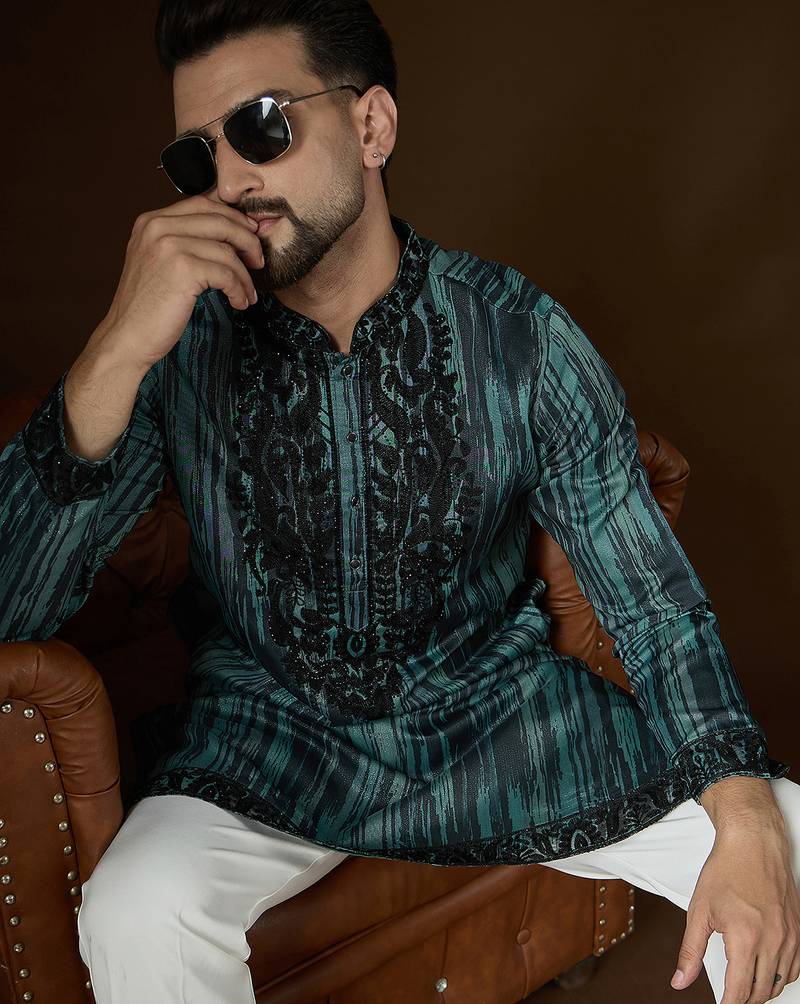 Men’s green linen kurta with striped beads and stones embroidered | trendy ethnic wear for festive, wedding & party