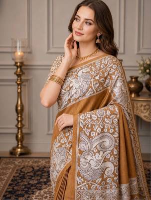 Mustard kalamkari silk blend fusion saree 5