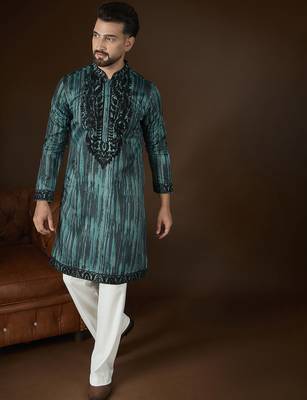 Men’s green linen kurta with striped beads and stones embroidered | trendy ethnic wear for festive, wedding & party 3