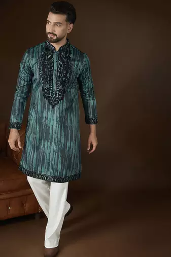Men’s green linen kurta with striped beads and stones embroidered | trendy ethnic wear for festive, wedding & party