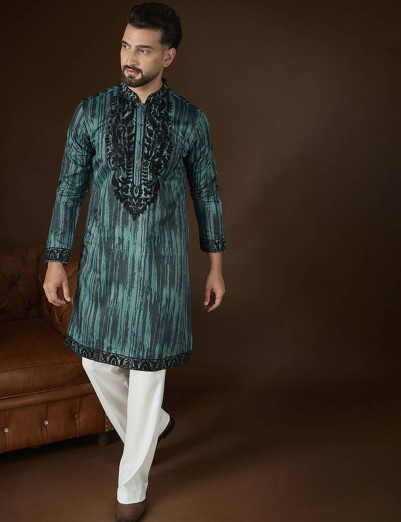 Men’s green linen kurta with striped beads and stones embroidered | trendy ethnic wear for festive, wedding & party