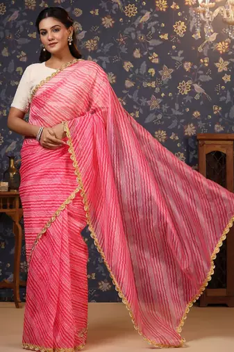Pink striped embellished border saree
