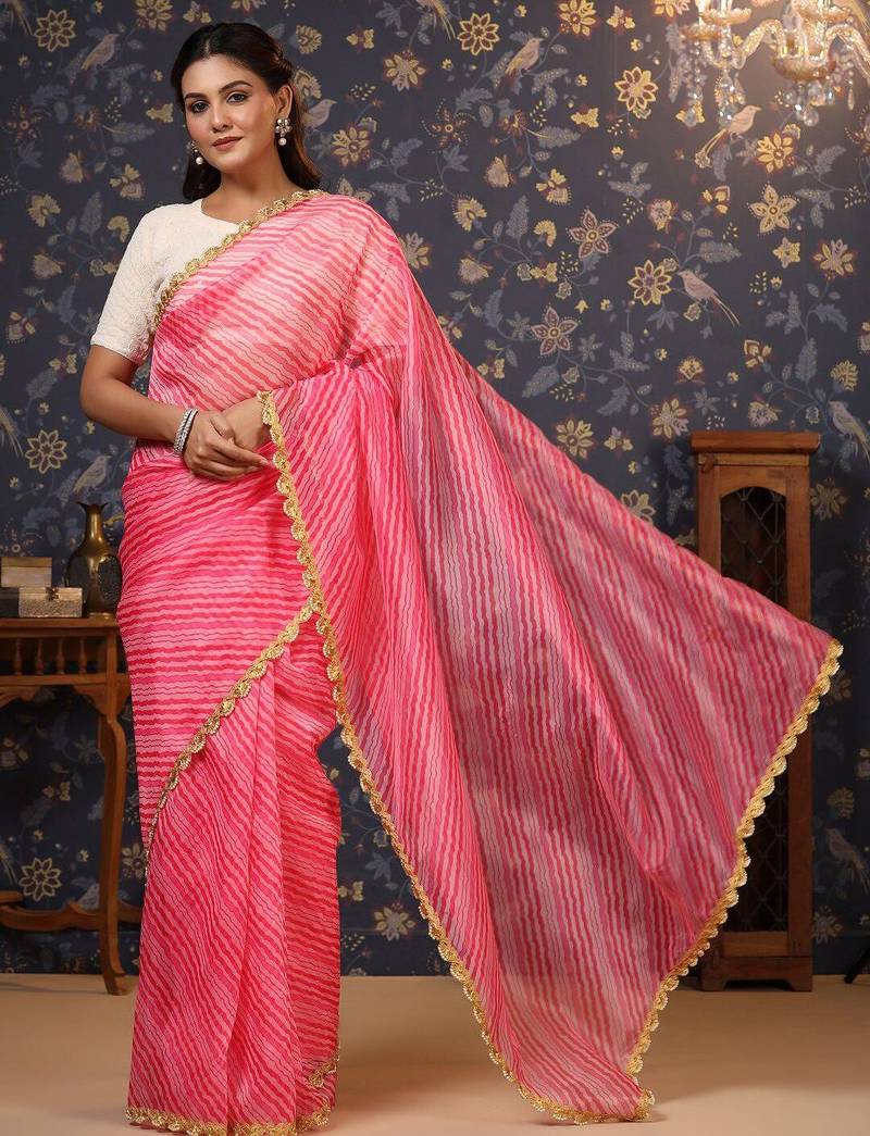 Pink striped embellished border saree