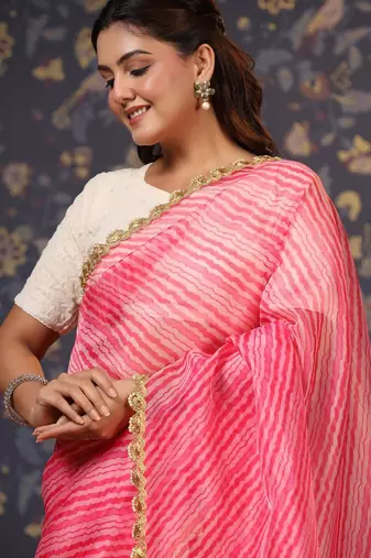 Pink striped embellished border saree