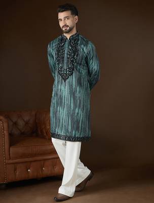 Men’s green linen kurta with striped beads and stones embroidered | trendy ethnic wear for festive, wedding & party 1