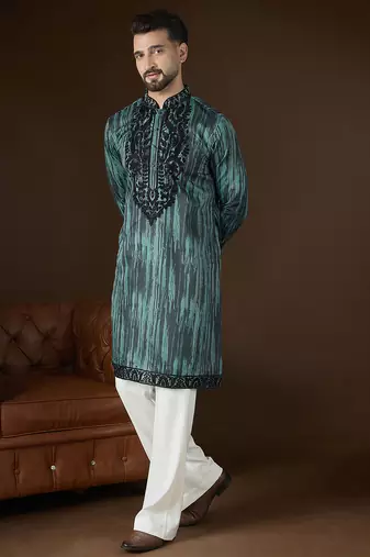 Men’s green linen kurta with striped beads and stones embroidered | trendy ethnic wear for festive, wedding & party