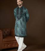 Men’s green linen kurta with striped beads and stones embroidered | trendy ethnic wear for festive, wedding & party