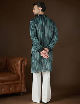 Men’s green linen kurta with striped beads and stones embroidered | trendy ethnic wear for festive, wedding & party 4