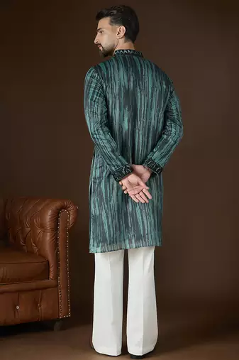 Men’s green linen kurta with striped beads and stones embroidered | trendy ethnic wear for festive, wedding & party