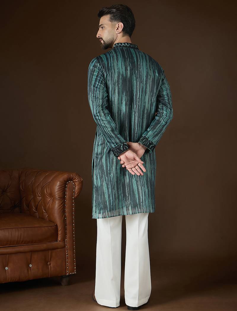Men’s green linen kurta with striped beads and stones embroidered | trendy ethnic wear for festive, wedding & party
