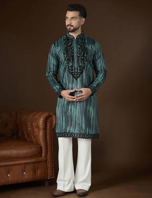 Men’s green linen kurta with striped beads and stones embroidered | trendy ethnic wear for festive, wedding & party 5