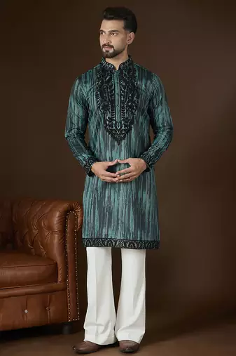 Men’s green linen kurta with striped beads and stones embroidered | trendy ethnic wear for festive, wedding & party
