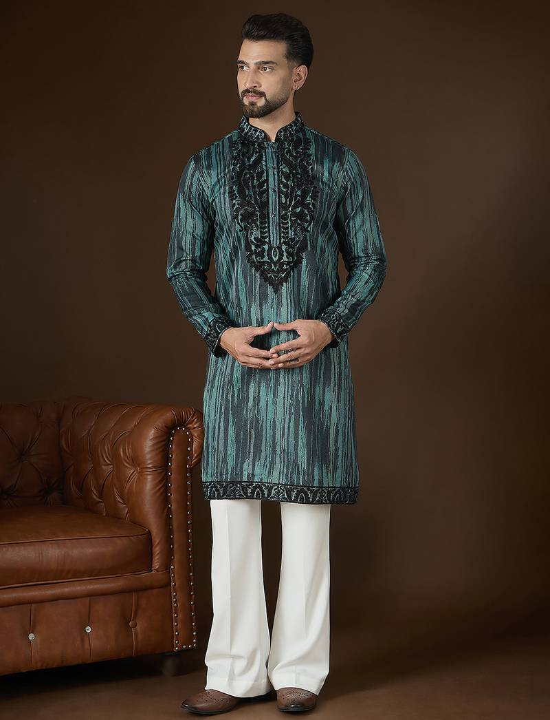 Men’s green linen kurta with striped beads and stones embroidered | trendy ethnic wear for festive, wedding & party