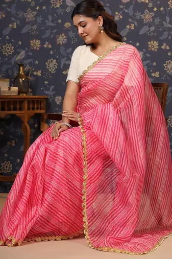 Pink striped embellished border saree