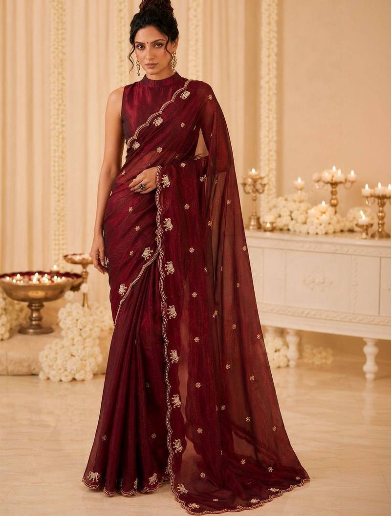 Maroon ethnic motifs beads and stones satin saree