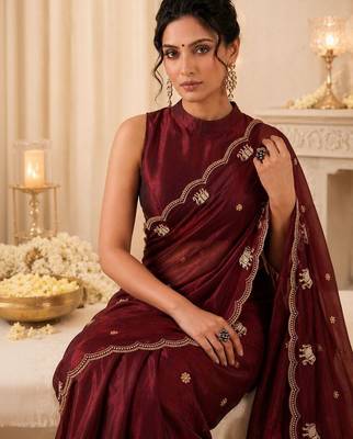 Maroon ethnic motifs beads and stones satin saree 2