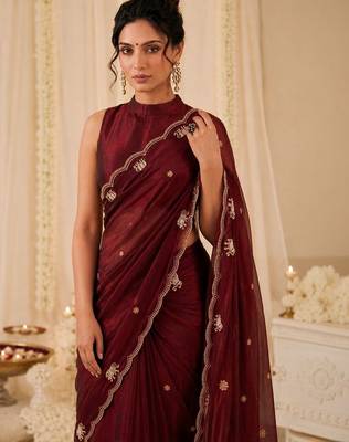 Maroon ethnic motifs beads and stones satin saree 3
