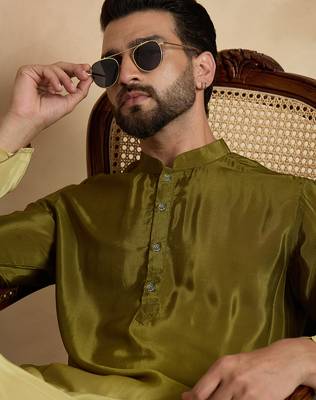Men’s green silk blend kurta with solid na printed | trendy ethnic wear for festive, wedding & party occasions 2