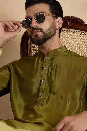 Men’s green silk blend kurta with solid na printed | trendy ethnic wear for festive, wedding & party occasions