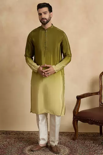 Men’s green silk blend kurta with solid na printed | trendy ethnic wear for festive, wedding & party occasions