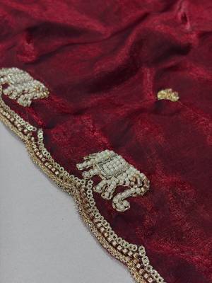 Maroon ethnic motifs beads and stones satin saree 5