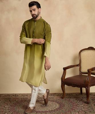 Men’s green silk blend kurta with solid na printed | trendy ethnic wear for festive, wedding & party occasions 3