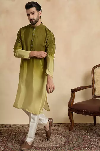 Men’s green silk blend kurta with solid na printed | trendy ethnic wear for festive, wedding & party occasions
